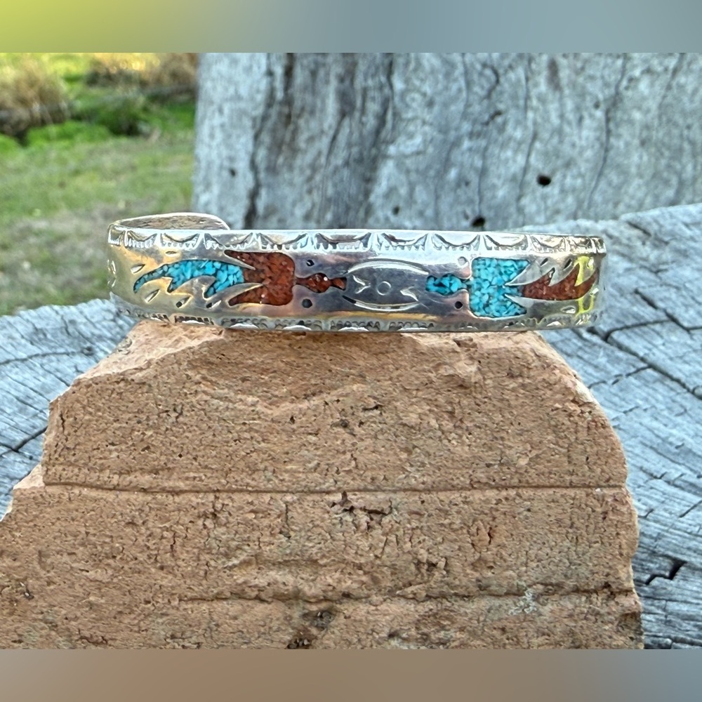 Sterling Silver Turquoise and Coral Inlay Cuff